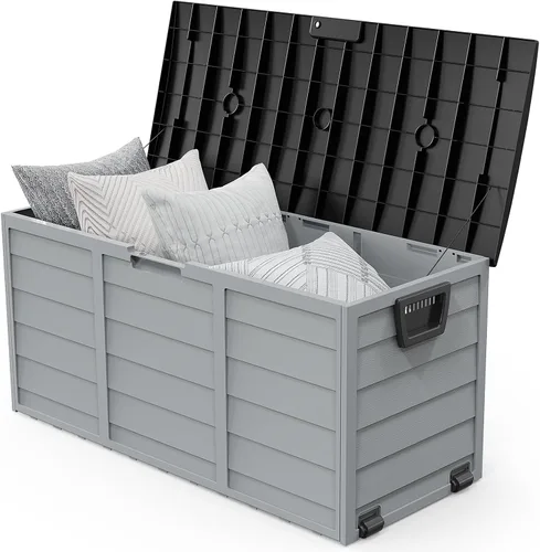 VINGLI Caja de almacenamiento al aire libre de 75 galones, contenedores de almacenamiento de plástico con cerradura con tapa, muebles para jardín,