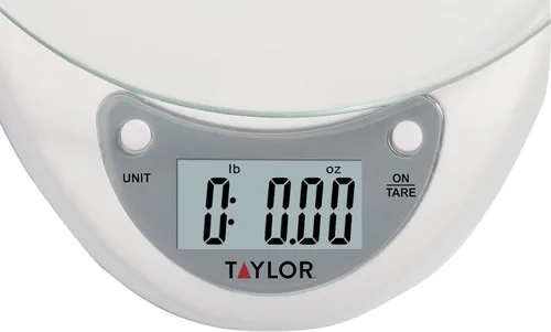 Miniatura 8 de Taylor Báscula digital de cocina con plataforma de vidrio, botón de tara y cuerpo de plástico que pesa hasta 11 libras de capacidad, color blanco