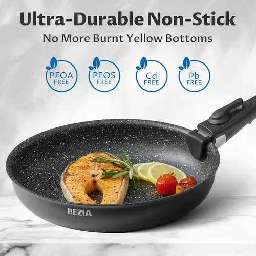 Miniatura 3 de BEZIA Juego de utensilios de cocina de inducción de 10 piezas, ollas y sartenes antiadherentes con asas extraíbles, para todas las encimeras, diseño