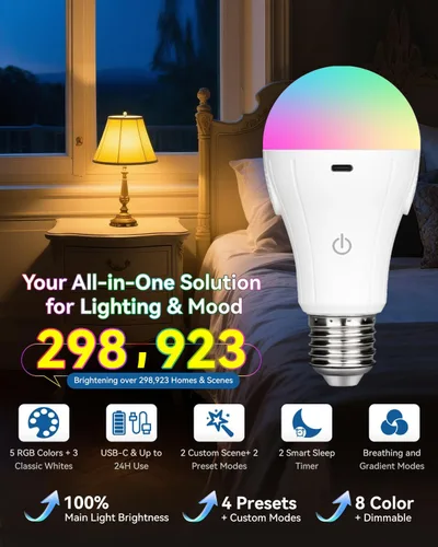 Miniatura 2 de BoRccdit CordlessGlow - Bombillas recargables con control remoto, 5 RGB + 3 CCT regulables, funciona con pilas, para lámparas cableadas y sin