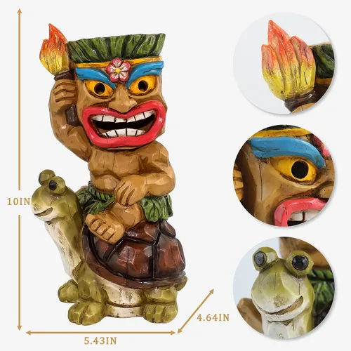 Miniatura 2 de Estatua de Tiki para exteriores con decoración de tortuga, figura de jardín con energía solar, arte Tiki para Tiki bar, patio trasero, jardín