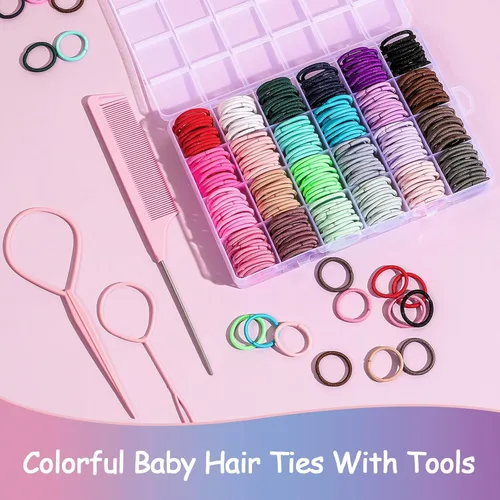 Miniatura 4 de 200 piezas de gomas elásticas para el cabello, sin pliegues, pequeños sujetadores de cola de caballo para niños, niñas, bebés y niños pequeños