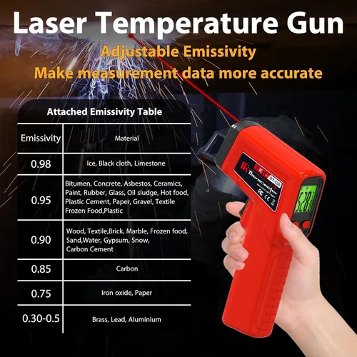 Miniatura 4 de FKM, pistola con termómetro láser, infrarroja, sin contacto, pistola de temperatura, -58 °F ~ 986 °F (-50 °C ~ 530 °C), emissividad ajustable