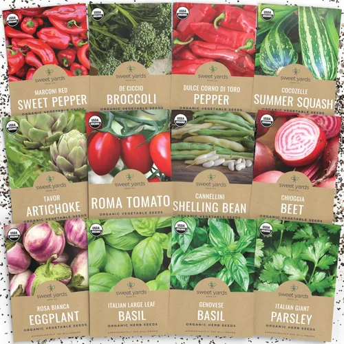 Paquete variado de semillas de jardín italianas orgánicas, 12 paquetes individuales, temporada 2026, albahaca genovesa, perejil gigante italiano,