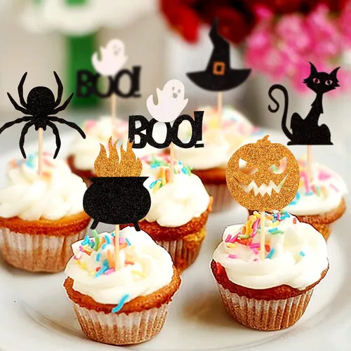 Miniatura 6 de Ercadio Paquete de 36 adornos para cupcakes de Halloween, sombrero de bruja, araña, calabaza, fantasma, gato, cupcakes, baby shower, cumpleaños