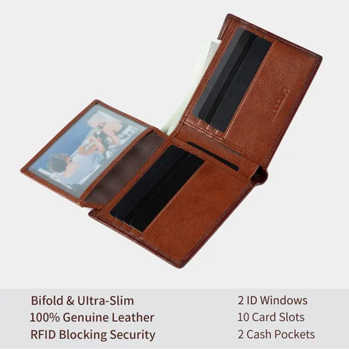 Miniatura 5 de Cartera de piel auténtica para hombre, con bloqueo RFID, plegable, elegante, con 2 ventanas de identificación, Marrón, Minimalista
