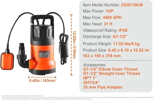 Miniatura 2 de Bomba utilitaria 1HP 4000GPH Bomba de agua sumergible de alto flujo de 31 pies con cable de alimentación de 10 pies de largo para drenar el agua