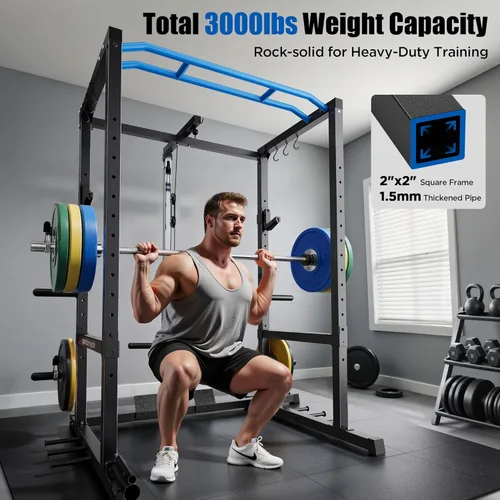 Miniatura 2 de Sportsroyals Jaula de Potencia, Rack de Potencia Multifuncional de 1600 libras con Sistema de Cruce de Cable Ajustable y Más Accesorios de Azul