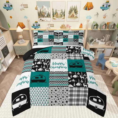 Erosebridal Edredón de plumón para niños, juego de ropa de cama de campamento feliz, juego de edredón geométrico a cuadros de hoguera para niños,