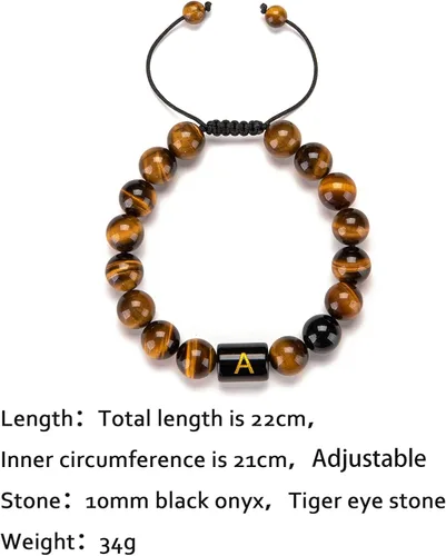 Miniatura 3 de FRG Brazalete con letra inicial del nombre, hecho a mano, las cuentas son de ónix negro u ojo de tigre, la cuerda es trenzada, un brazalete lleno