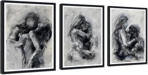 Miniatura 62 de Novatique 3 piezas de arte de pared sexy en blanco y negro para parejas desnudas, decoración de pared abstracta de amor para mujeres y hombres, arte