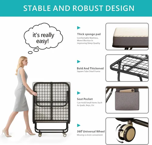 Miniatura 5 de Cama plegable con colchón para adultos, 75" x 31" cama rodante portátil tamaño catre, cama plegable de invitados con marco de metal con colchón