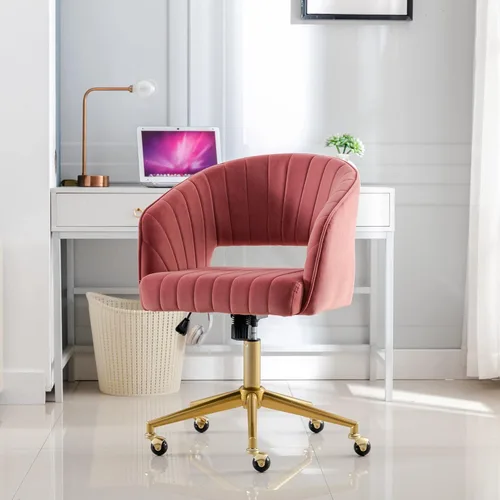 Miniatura 9 de Silla de oficina en casa, silla giratoria de terciopelo para escritorio, sillón tapizado moderno con base dorada para niñas y mujeres, asiento