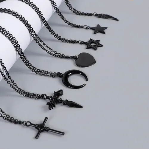 Miniatura 4 de Collar de estrella negra, collar gótico de luna Y2K, collar de corazón negro, collar de Halloween, collar de cadena de cable de acero inoxidable