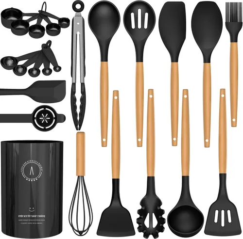Miniatura 9 de AVGPD Juego de utensilios de cocina de silicona – Utensilios de cocina de silicona para cocinar asas de madera, 446 °F resistentes al calor