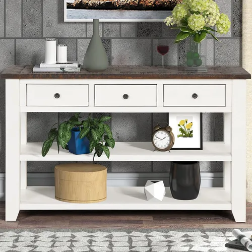Miniatura 10 de Mesa consola multifunción vintage, mesa de sofá moderna de 62.2 pulgadas con 4 cajones y 2 estantes de almacenamiento, aparador de madera para Blanco