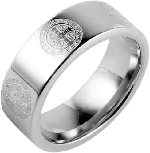 HZMAN Anillo de 0.315 in de San Benito para hombre, acero inoxidable, retro, católico, romano, exorcismo, protección cruz, regalo de joyería