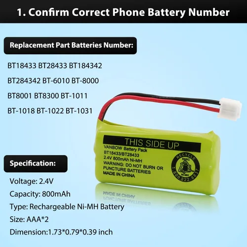 Miniatura 3 de BT18433/BT28433 2.4V 800mAh Ni-MH Batería inalámbrica para teléfono, también compatible con AT&T BT184342/BT284342 BT8300 BT1011 BT1018 BT1022