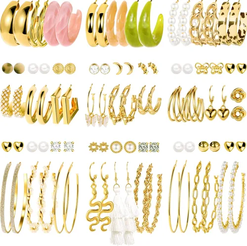 Juego de 45 pares de aretes de aro dorados para niñas y mujeres, juego de aretes gruesos trenzados pequeños y grandes, aretes para mujer, paquete