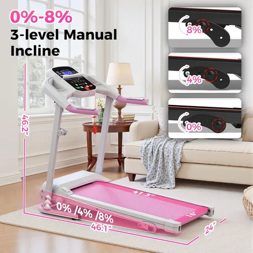 Miniatura 6 de Lastforever Caminadora plegable para uso doméstico, motor silencioso de 2.5 HP, 0.5 a 7.5 MPH con 8% de inclinación manual, cinta de correr Rosa