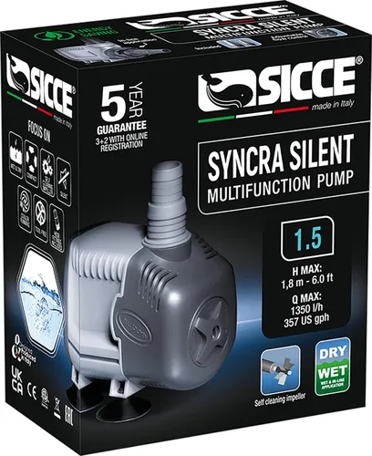 SICCE Syncra Silent 1.5 Multifunción 357 GPH Bomba de agua sumergible | Hecho en Italia 23W Ultra silencioso Durable acuario tanque de peces de