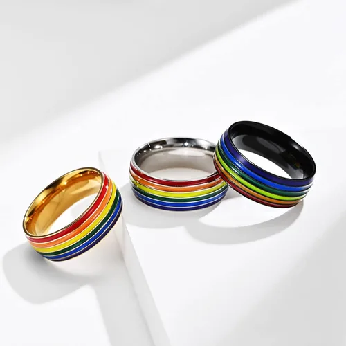 Miniatura 4 de Anillo de compromiso con arcoíris de orgullo para parejas, de acero inoxidable, 0.315in de ancho, arcoíris, boda, compromiso, para hombres y mujeres