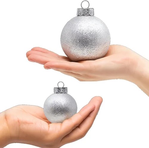 Miniatura 6 de Adornos de Navidad Plateados – 32 Piezas de Decoraciones Plásticas Irrompibles para Árbol Navideño, 16 Bolas de Nieve con Purpurina (3.15"/2.36"), 8