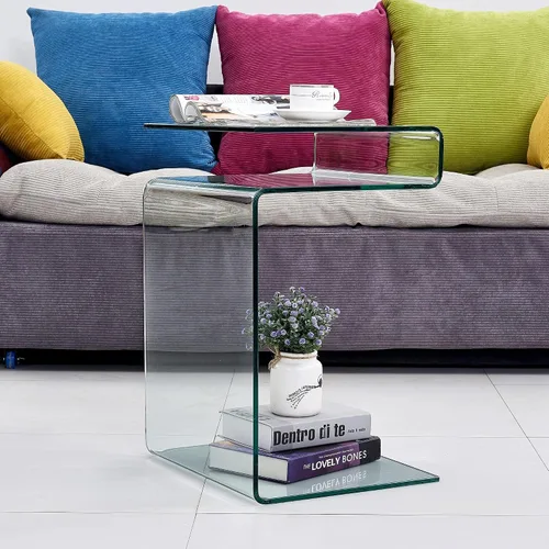 Miniatura 3 de Mesita de noche de cristal, mesas auxiliares transparentes en forma de S para sala de estar, mesa de vidrio doblada para sofá, 16.55 pulgadas
