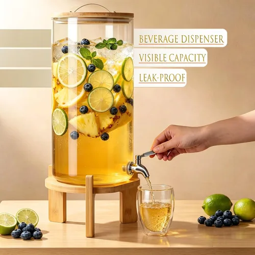 Miniatura 4 de Dispensador de bebidas, dispensador de bebidas de vidrio de 3 galones con soporte, grifo de acero inoxidable, ideal para fiestas, bares