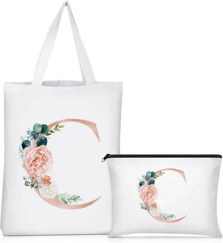 Miniatura 11 de Sanwuta 2 bolsas de lona con inicial, diseño floral con letras florales, bolsas de cosméticos de viaje, bolsas con monograma para mujer, mujer