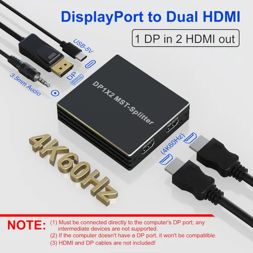 Miniatura 3 de Adaptador DisplayPort a HDMI dual DP a HDMI Splitter para monitores duales - 4K @60Hz DisplayPort a HDMI Splitter Pantalla extendida MST 1 en 2