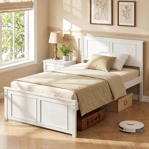 Miniatura 15 de Giantex Marco de cama de plataforma de madera maciza de tamaño matrimonial, marco de cama matrimonial de mediados de siglo con cabecero, soporte