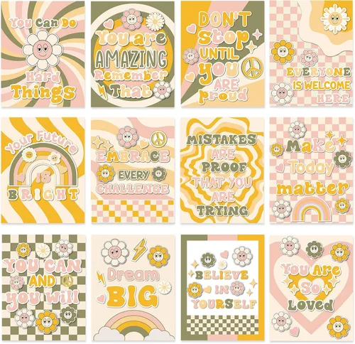 Nezyo 12 pósteres retro Groovy para aula, diseño de flores hippie bohemias, decoración de tablón de anuncios, póster educativo para guardería,