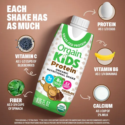 Miniatura 6 de Orgain Organic Kids Protein Batido Nutricional, Chocolate - 8g de Proteína, 22 Vitaminas y Minerales, Frutas y Verduras, Sin Gluten, Sin Soja, Sin