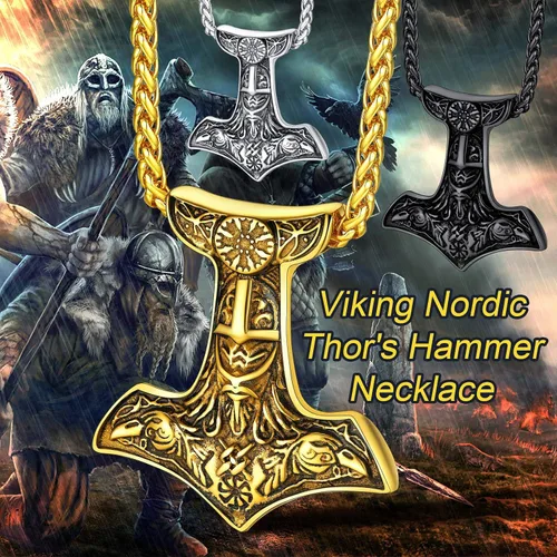 Miniatura 8 de FaithHeart Collar con colgante de runas vikingas nórdicas, martillo de Thor, brújula nórdica, Odín, cuervo, para hombres y mujeres, con embalaje