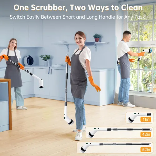 Miniatura 5 de PUFTEM Cepillo Eléctrico Giratorio, Limpiador de Ducha Inalámbrico con 8 Cepillos de Fregar, 2 Velocidades con Mango de Extensión Ajustable