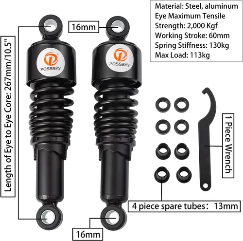 Miniatura 2 de Amortiguador de Motocicleta Suspensión Trasera de Motocicleta 10.5"/267mm Suspensión Trasera Universal 1 Par Negro