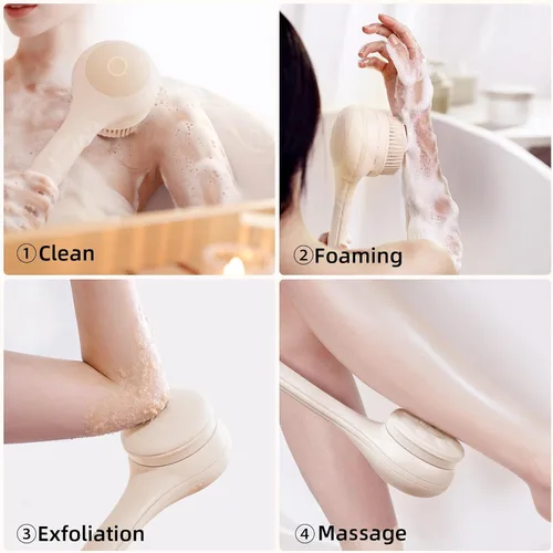 Miniatura 2 de Cepillo corporal eléctrico exfoliante para la espalda para ducha, exfoliante corporal eléctrico impermeable de mango doble largo con 3 cabezales