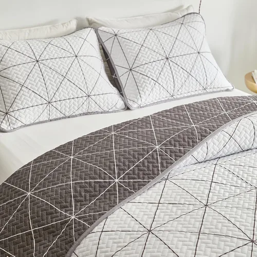 Miniatura 7 de Juego de edredón reversible de 3 piezas, cuadriculado blanco y gris, tamaño king 102 x 88 pulgadas, suave microfibra ligera, colcha de verano