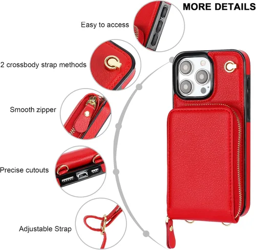 Miniatura 5 de KIHUWEY Funda tipo cartera cruzada para iPhone 15 Pro Max, funda con bolsillo con cremallera y soporte para tarjetas, funda protectora de piel Rojo