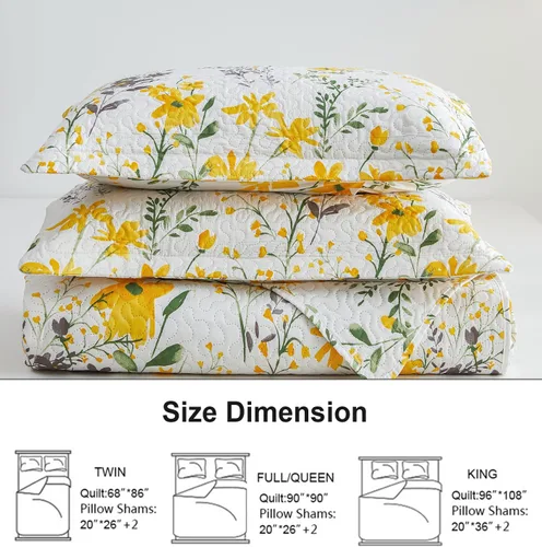 Miniatura 7 de Ycosy Juegos de Edredón Floral Tamaño Twin Reversible Colchas Cubrecamas de Campo Ligeras Edredón de Flores Amarillas Ropa de Cama Hojas Verdes