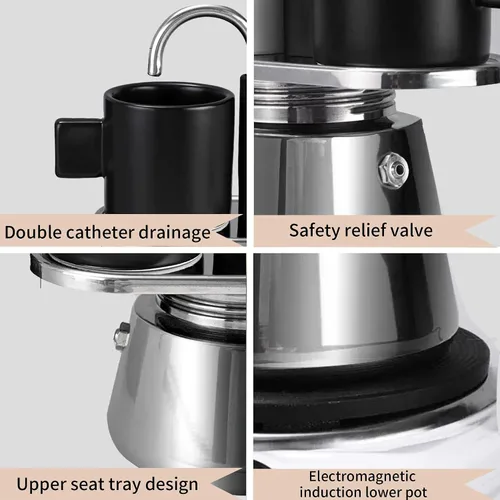 Miniatura 7 de Olla de Moka de Acero Inoxidable, Cafetera de Espresso de 2 Tazas para Estufa con Doble Boca, Fácil de Operar, Prepara Café Rápidamente, Olla