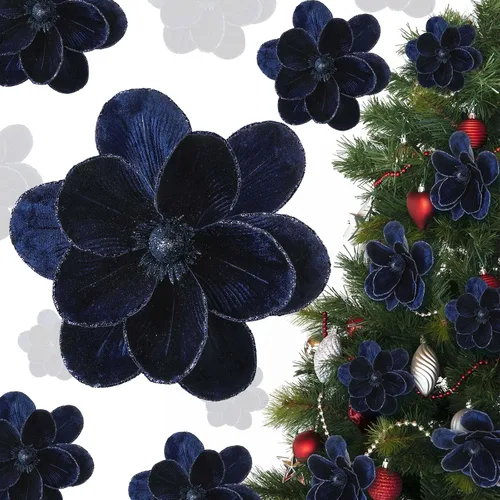 Miniatura 7 de 12 piezas de flores de pascua de Navidad grandes de terciopelo con cabezas grandes de flores de magnolia artificiales con purpurina para decoración