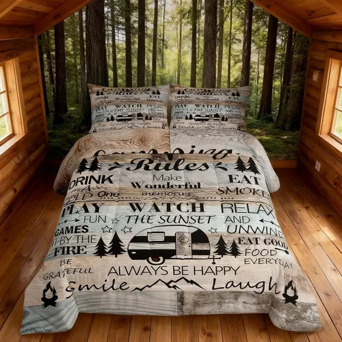 Juego de Edredón para Acampar Feliz para Niños Tamaño Individual, Juego de Ropa de Cama Rústica de Aventura de Granja y Cabaña, Decoración para