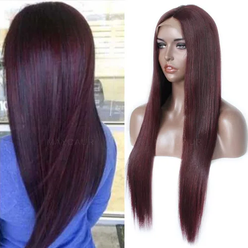 Miniatura 8 de Maycaur Pelucas de cabello humano de encaje frontal de color burdeos de densidad 130 con cabello natural de bebé