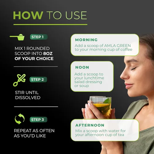 Miniatura 8 de Amla Green Suplemento en polvo de superalimento de té, 20 veces Amla concentrado, mezcla antioxidante de verduras diarias con té Oolong orgánico