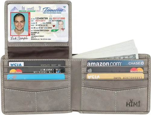 Miniatura 25 de HIMI - Cartera elegante de cuero auténtico para hombre, con bloqueo de interferencia de radiofrecuencia (RFID), con 2 ventanas para identificación