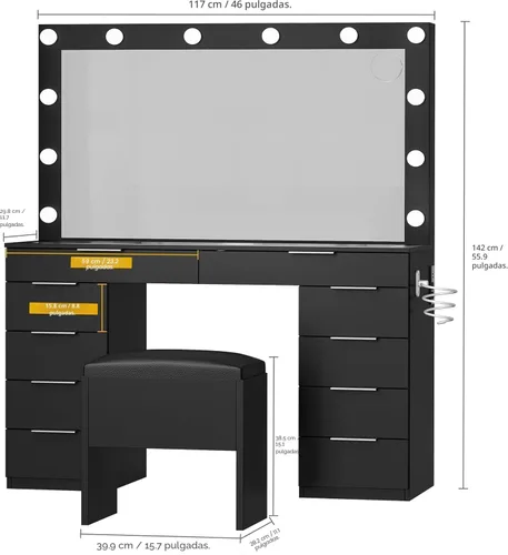 Miniatura 6 de DWVO Tocador de maquillaje con parte superior de vidrio de 46 pulgadas con 10 cajones, juego de escritorio con espejo LED grande, estación de carga