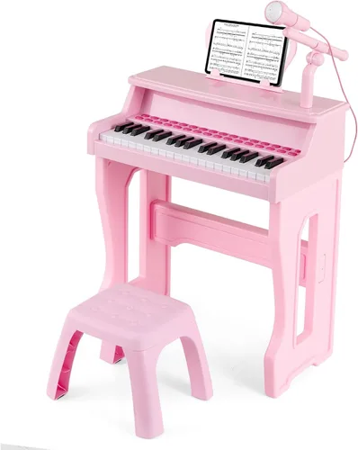 Miniatura 11 de HONEY JOY Piano para niños, piano de teclado negro de 37 teclas para niños con soporte de música y banco, regalo para bebés con micrófono