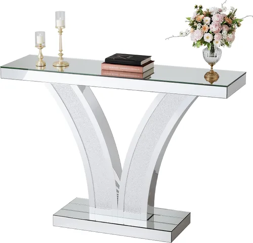Miniatura 8 de Tribesigns Mesa de consola con espejo, moderna mesa de sofá de entrada plateada con marcos de incrustaciones de cristal para sala de estar, pasillo